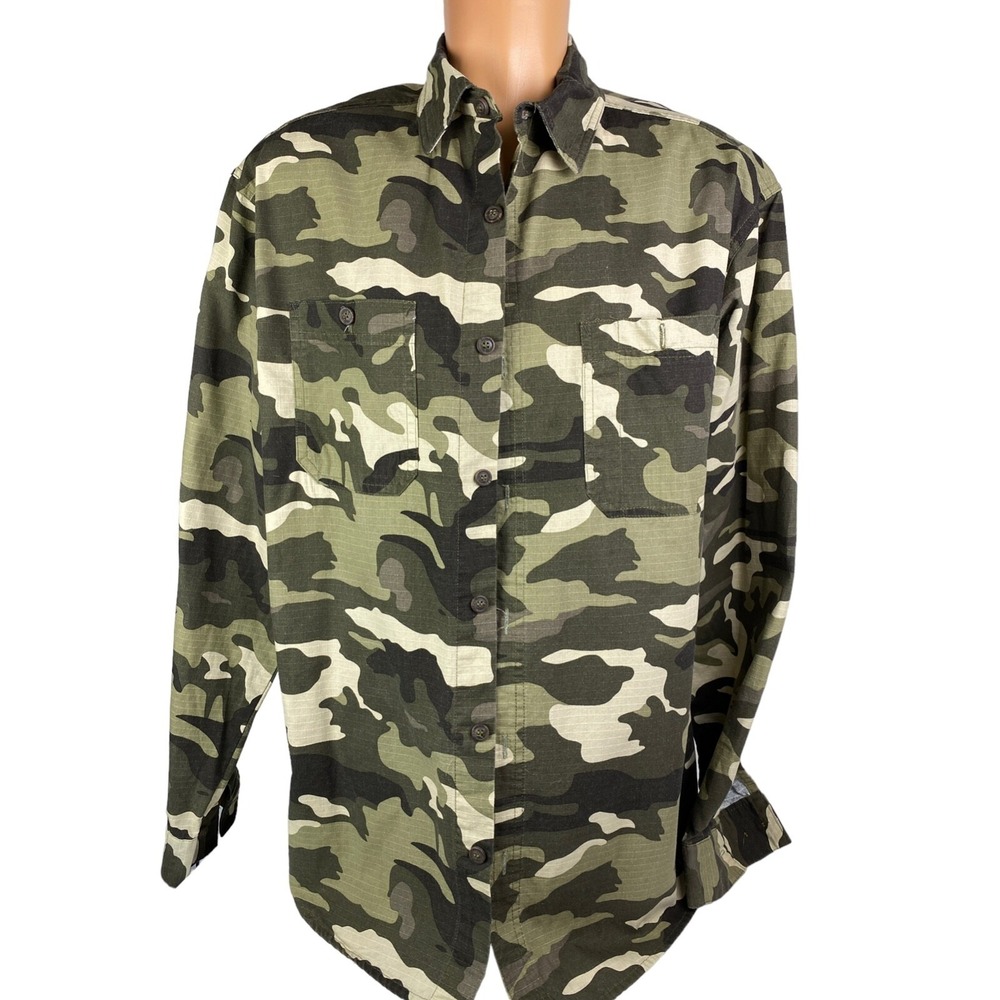 10W Apparel Workwear XL Mens Brown Camo Shirt Button Front Collared Long Sleeves